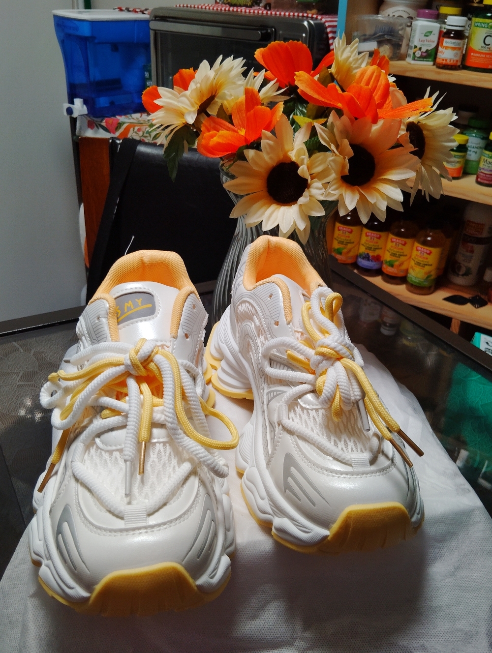 White & Yellow Platform Athletic Sneakers - Women's - Picture 7 of 8